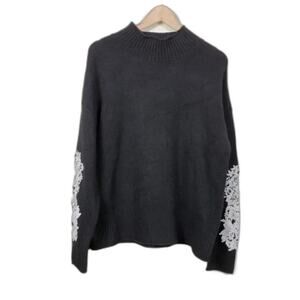 INC International Concepts Sweater Lace Accent Womens M Black White Long Sleeve